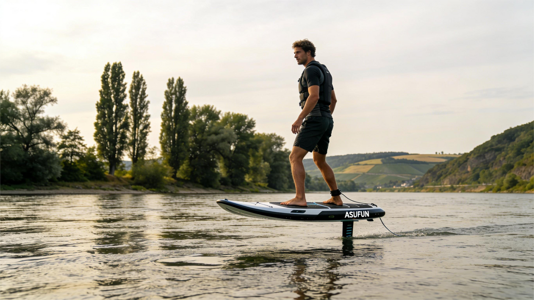 An electric hydrofoil enthusiast riding smoothly on a calm lake
